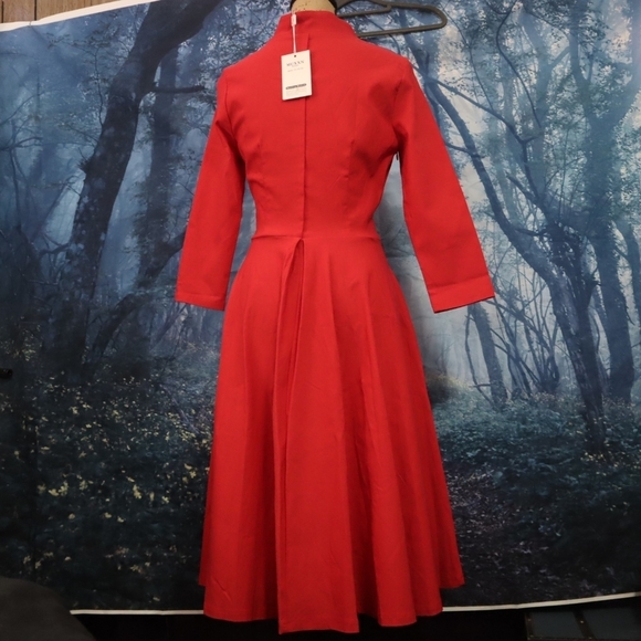 PIN UP DRESS M Red Retro Pin-up Rockabilly Long-sleeved V-neck Dance Matte 60s - Picture 10 of 14